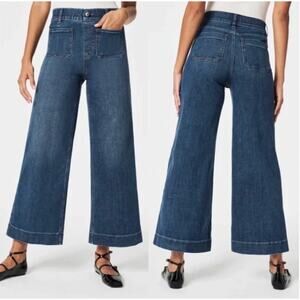 Spanx Jeans Large EveryWear Cropped Wide Leg Patch Pocket Denim Blue Casual Chic